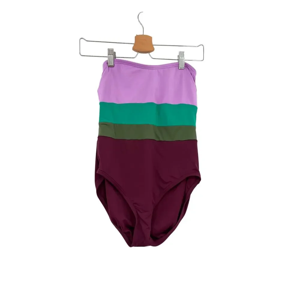 Kate Spade Raisin Colorblock Bandeau One Piece Swimsuit Purple Green Small
